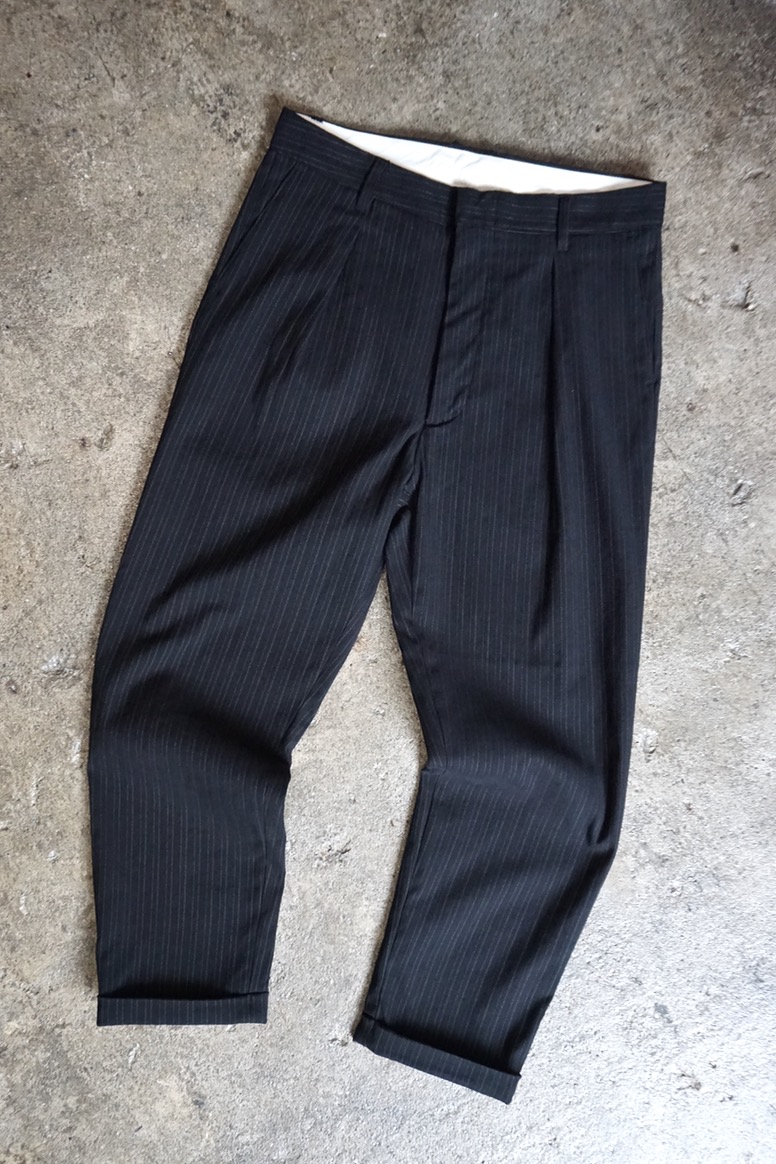 1779-01.「CLOTHO」Herringbone Black Stripe Stretch Pants. Black