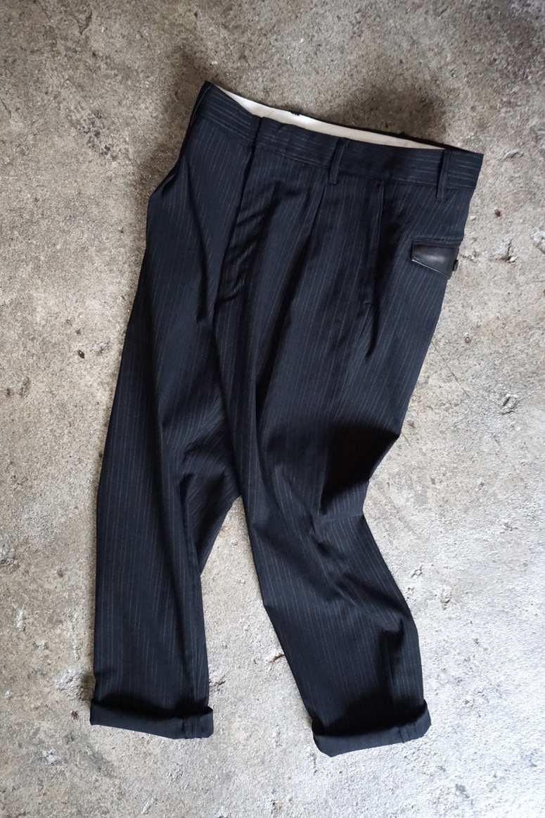 1779-01.「CLOTHO」Herringbone Black Stripe Stretch Pants. Black