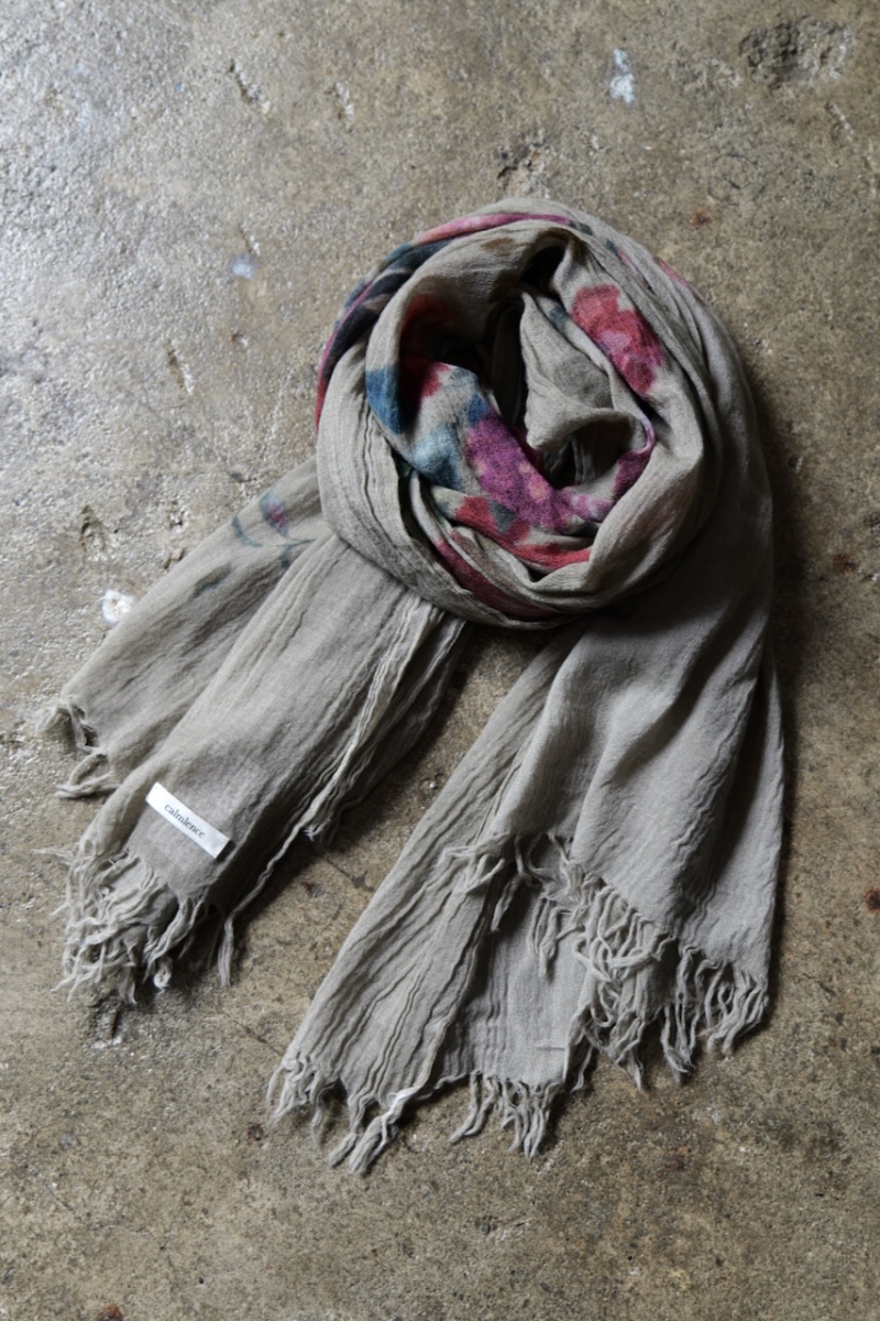 Scarf006. Fringe Scarf Cashimere Flower Print. Khaki Print